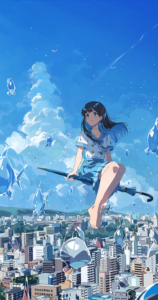 Anime picture 667x1267 with original agas (vpwt7475) single long hair tall image blush blue eyes black hair smile blue hair looking away sky cloud (clouds) full body multicolored hair barefoot two-tone hair city cityscape colored inner hair