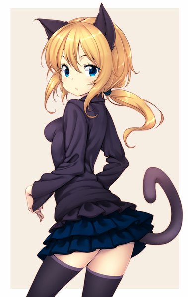 Anime picture 695x1100 with original zizi (zz22) single long hair tall image open mouth blue eyes blonde hair standing animal ears ponytail tail animal tail cat ears cat tail zettai ryouiki back girl thighhighs scrunchie