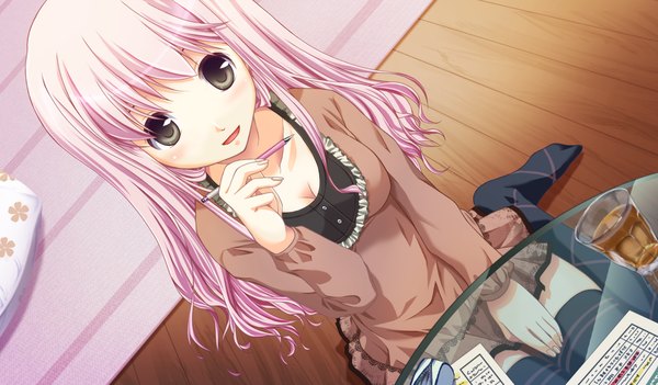Anime picture 1024x600 with akikaze personal (game) single long hair wide image pink hair game cg black eyes girl thighhighs black thighhighs