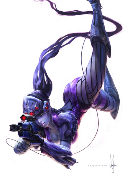 Anime picture 707x1000 with overwatch blizzard entertainment widowmaker (overwatch) poibuts single tall image breasts light erotic simple background white background holding signed yellow eyes looking away cleavage purple hair bent knee (knees) ponytail very long hair tattoo