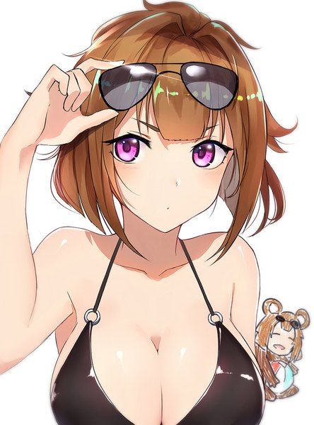 Anime picture 800x1079 with girls frontline grizzly mkv (girls frontline) luse maonang tall image fringe short hair breasts light erotic simple background brown hair large breasts white background multiple girls payot looking away cleavage upper body blunt bangs pink eyes sunglasses on head