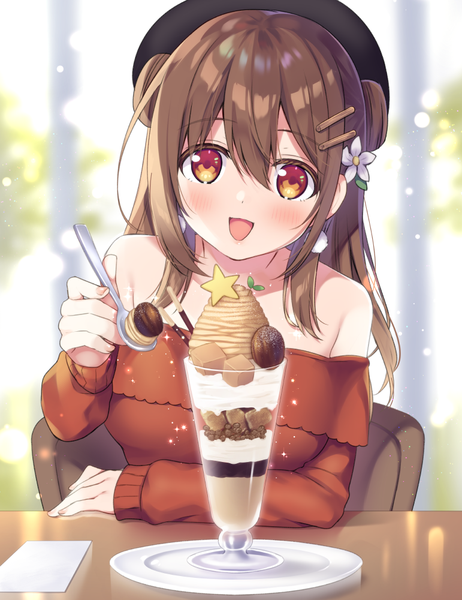 Anime picture 771x1000 with original sumisaki yuzuna single long hair tall image looking at viewer blush fringe open mouth hair between eyes red eyes brown hair sitting bare shoulders :d arm support hair bun (hair buns) girl earrings food