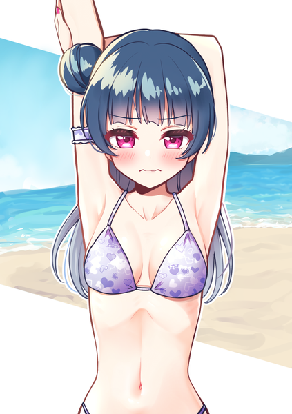 Anime picture 1000x1419 with love live! sunshine!! sunrise (studio) love live! tsushima yoshiko deadnooodles single long hair tall image looking at viewer blush fringe breasts light erotic blue hair cleavage upper body outdoors blunt bangs pink eyes arms up