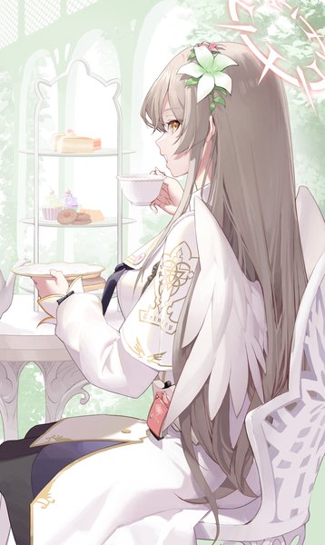 Anime picture 1500x2517 with blue archive nagisa (blue archive) yo owl single long hair tall image looking at viewer brown hair sitting yellow eyes indoors profile hair flower white wings girl flower (flowers) wings food sweets halo