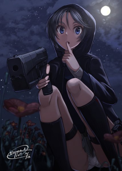 Anime picture 1837x2572 with original dreadtie single tall image looking at viewer highres short hair open mouth blue eyes light erotic black hair holding signed pleated skirt night from below pantyshot night sky finger to mouth pantyshot sitting
