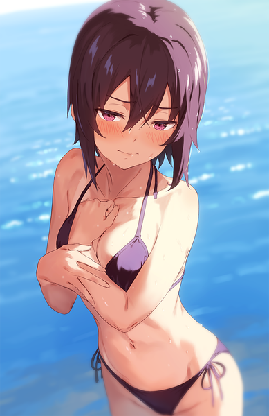 Anime picture 800x1232 with original kinta (distortion) single tall image blush fringe short hair breasts light erotic hair between eyes purple eyes payot purple hair blurry shadow wet depth of field embarrassed hand on chest shaded face