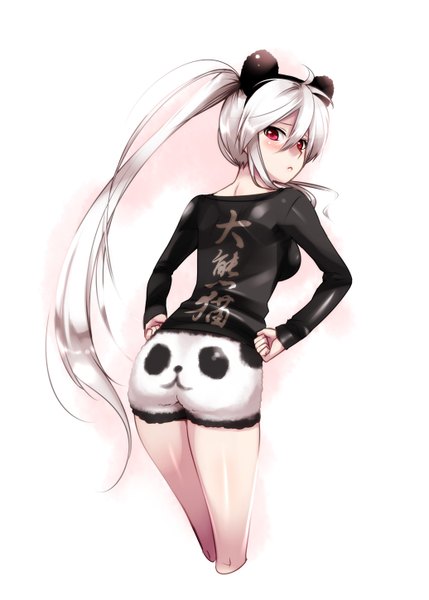 Anime picture 1036x1450 with vocaloid yowane haku caffein tall image blush fringe red eyes white hair ponytail very long hair looking back back hands on hips girl shorts white shorts panda