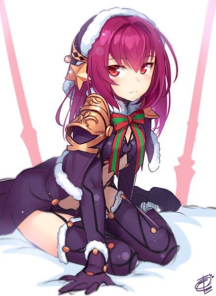 Anime picture 877x1200 with fate (series) fate/grand order scathach (fate) (all) scathach (fate) okitakung single long hair tall image looking at viewer blush fringe breasts light erotic simple background hair between eyes red eyes white background sitting signed full body