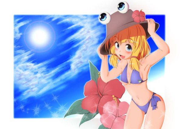 Anime picture 1000x708 with touhou moriya suwako sanagi semi single long hair looking at viewer blush open mouth blue eyes light erotic blonde hair smile bare shoulders payot sky cloud (clouds) armpit (armpits) girl flower (flowers) swimsuit