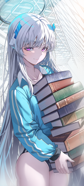Anime picture 2597x5732 with blue archive noa (blue archive) noubin single tall image looking at viewer fringe highres light erotic standing holding silver hair blunt bangs long sleeves very long hair pink eyes light smile girl uniform headdress