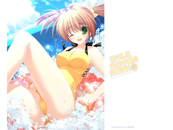 Anime picture 1600x1200 with smile summer again pink chuchu (artbook) mikeou light erotic swimsuit