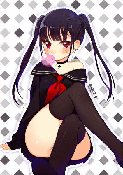 Anime picture 600x853 with original hym9594 single long hair tall image looking at viewer blush fringe light erotic black hair red eyes sitting twintails bare shoulders signed crossed legs rhombus girl thighhighs uniform