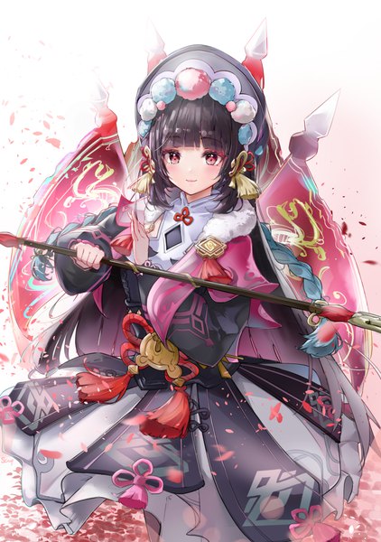 Anime picture 1833x2604 with genshin impact yun jin (genshin impact) scup single long hair tall image fringe highres black hair red eyes looking away blunt bangs light smile girl weapon hat petals tassel spear vision (genshin impact)