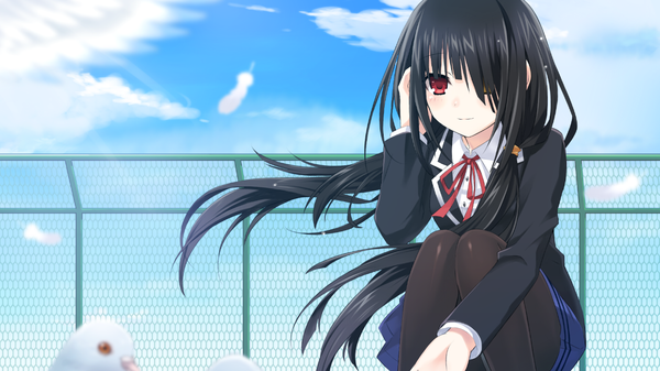 Anime picture 1280x720 with date a live tokisaki kurumi tsunako single long hair fringe black hair smile red eyes wide image twintails game cg sky cloud (clouds) hair over one eye official art heterochromia low twintails adjusting hair girl