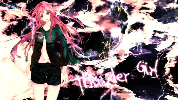 Anime picture 1600x900 with vocaloid megurine luka single long hair wide image green eyes pink hair lightning girl shorts
