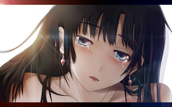Anime picture 1100x688 with original dxlsmax (lizhimin) long hair blue eyes black hair wide image tears crying girl earrings