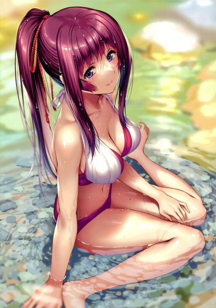 Anime picture 4250x6041 with hanikami kanojo shizuki neru piromizu single long hair tall image looking at viewer blush fringe highres breasts light erotic smile large breasts sitting purple eyes bare shoulders payot absurdres cleavage