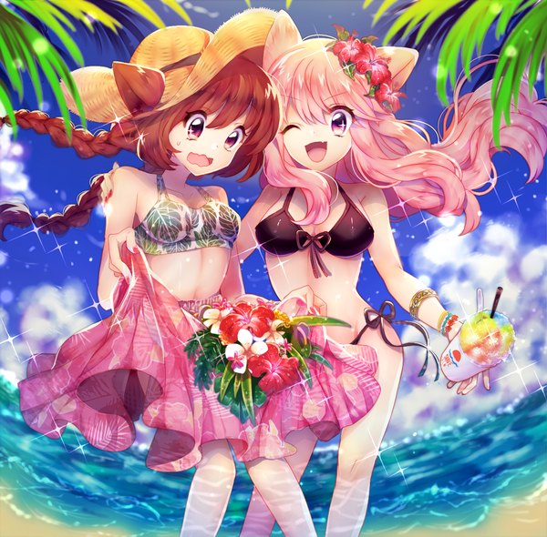 Anime picture 1219x1200 with original kawachi rin long hair open mouth light erotic purple eyes multiple girls animal ears pink hair sky cloud (clouds) red hair tail braid (braids) animal tail one eye closed wink girl flower (flowers) 2 girls