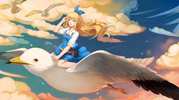 Anime picture 1333x750 with alice in wonderland alice (wonderland) minhoo single long hair blush open mouth blue eyes blonde hair wide image looking away sky cloud (clouds) flying girl dress bow hair bow animal bird (birds)