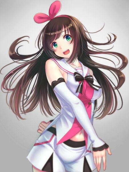 Anime picture 751x1000 with virtual youtuber a.i. channel kizuna ai koko (koko3) single long hair tall image looking at viewer blush fringe breasts open mouth simple background brown hair standing multicolored hair aqua eyes grey background two-tone hair streaked hair