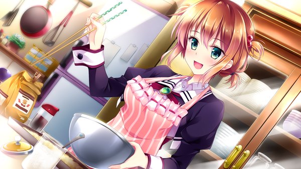 Anime picture 1920x1080 with golden marriage ensemble (studio) tange kasumi blush highres short hair open mouth blue eyes brown hair wide image game cg cooking girl apron