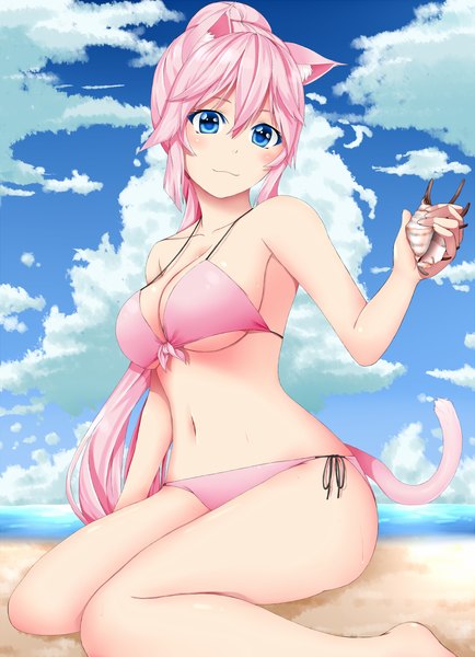Anime picture 1000x1381 with original ayase tamaki single long hair tall image looking at viewer blush blue eyes light erotic smile sitting bare shoulders holding animal ears pink hair sky cloud (clouds) ponytail barefoot cat ears