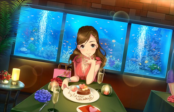 Anime-Bild 1280x824 mit idolmaster idolmaster cinderella girls idolmaster cinderella girls starlight stage etou misaki single long hair looking at viewer blush brown hair green eyes light smile valentine girl dress sweets cake candle (candles) wine glass aquarium