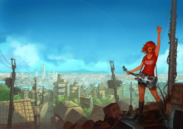 Anime picture 1500x1059 with original drawingnightmare single short hair red hair city cityscape hair over eyes girl knee socks musical instrument wire (wires) guitar roof