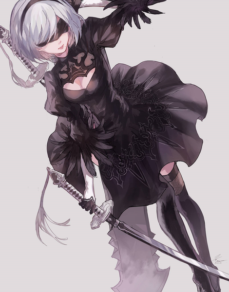 Anime picture 800x1020 with nier nier:automata yorha no. 2 type b kane (kanekiru) single tall image highres short hair simple background holding signed silver hair parted lips from above lips grey background mole outstretched arm arm behind head cleavage cutout