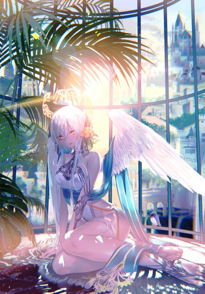 Anime picture 2100x3000 with original pottsness single long hair tall image looking at viewer fringe highres breasts light erotic hair between eyes sitting yellow eyes bent knee (knees) white hair head tilt barefoot hair flower sunlight arm support