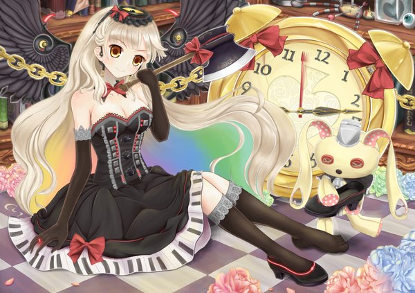 Anime picture 2153x1520 with vocaloid mayu (vocaloid) usano mimi minamixdrops long hair highres brown eyes white hair girl dress gloves flower (flowers) weapon hat wings socks elbow gloves black socks chain toy