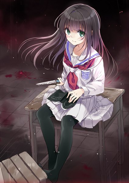 Anime picture 800x1131 with original maigoyaki single long hair tall image looking at viewer blush black hair green eyes girl uniform school uniform serafuku book (books) knife