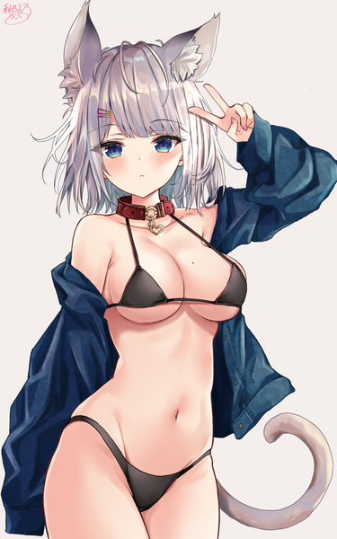Anime picture 1500x2398 with original akino ell single tall image looking at viewer blush fringe short hair breasts light erotic simple background large breasts standing signed animal ears payot cleavage silver hair tail long sleeves