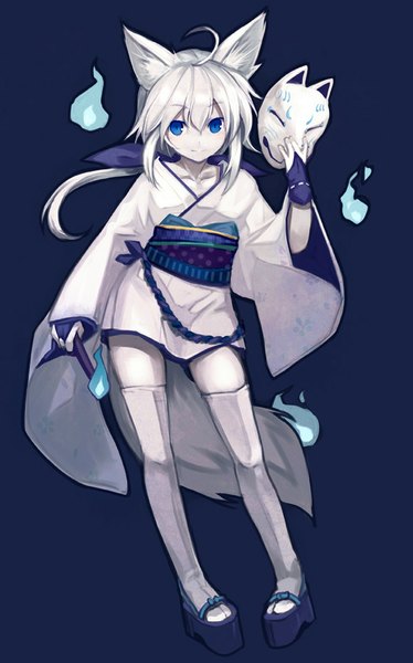 Anime picture 570x913 with original minamura haruki single long hair tall image looking at viewer fringe blue eyes simple background animal ears ahoge white hair tail traditional clothes japanese clothes animal tail fox ears fox tail fox girl dark background