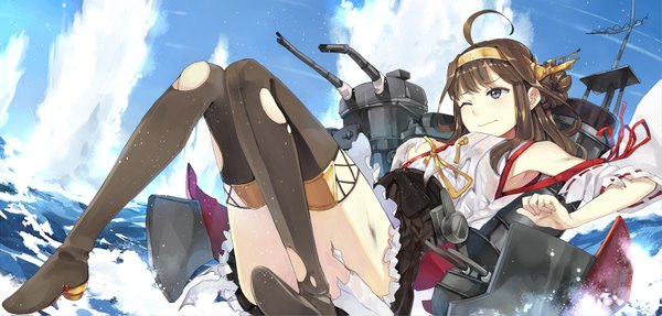 Anime picture 1701x815 with kantai collection kongou battleship hao (patinnko) single long hair highres brown hair wide image looking away sky cloud (clouds) ahoge traditional clothes japanese clothes one eye closed wink grey eyes torn clothes wet clothes nontraditional miko