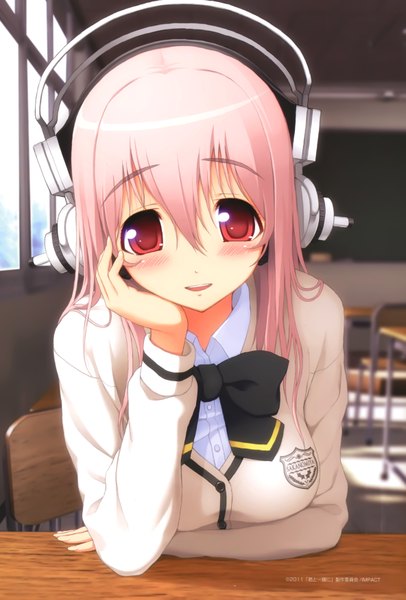 Anime picture 4735x6993 with nitroplus super sonico tsuji santa single long hair tall image looking at viewer blush highres red eyes pink hair absurdres girl uniform school uniform headphones bowtie
