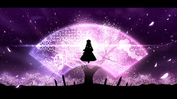 Anime picture 1920x1080 with touhou saigyouji yuyuko minust single highres wide image traditional clothes night cherry blossoms silhouette weightlessness girl dress plant (plants) petals tree (trees) bonnet fan