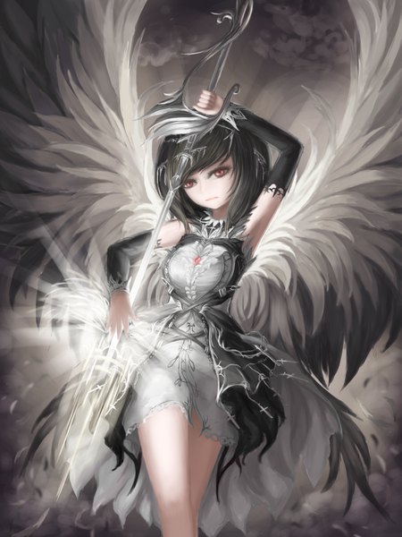 Anime picture 1200x1600 with original rinmmo single long hair tall image fringe short hair black hair red eyes standing holding looking away blunt bangs arm up angel wings glowing weapon girl dress weapon detached sleeves