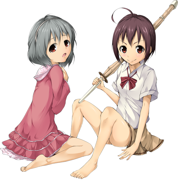 Anime picture 1855x1884 with solru (tyappygain) tall image looking at viewer highres short hair open mouth smile red eyes brown hair multiple girls barefoot grey hair legs transparent background weapon over shoulder kendo girl dress skirt weapon