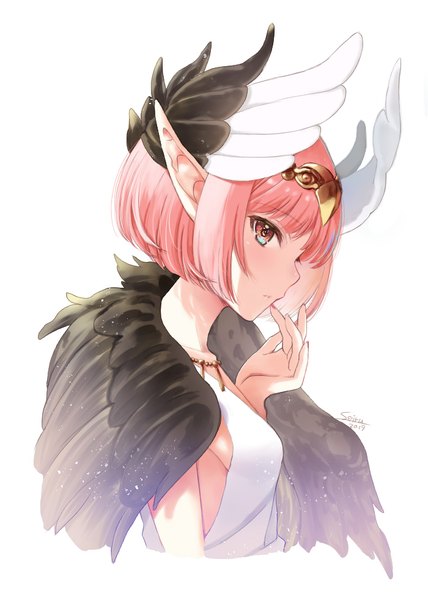 Anime picture 700x980 with fate (series) fate/grand order circe (fate/grand order) hijiri ruka single tall image looking at viewer fringe short hair breasts simple background white background signed upper body profile pointy ears sideboob head wings hand to mouth girl