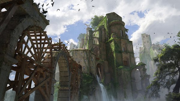 Anime picture 1920x1080 with original quentin mabille highres wide image sky cloud (clouds) realistic no people scenic waterfall overgrown plant (plants) animal tree (trees) water bird (birds) castle
