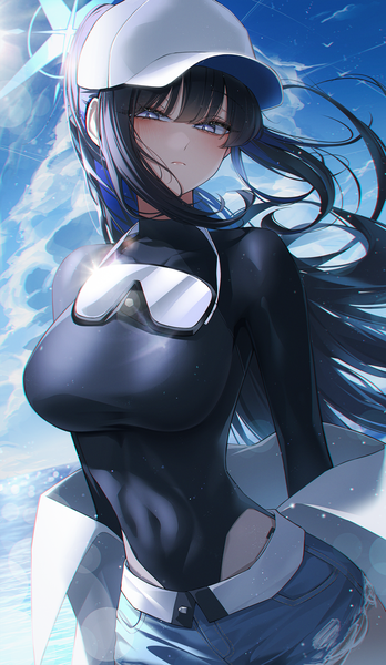 Anime-Bild 2323x4000 mit blue archive saori (blue archive) orecalc3092 single long hair tall image looking at viewer blush fringe highres breasts blue eyes light erotic black hair hair between eyes large breasts payot sky cloud (clouds) outdoors