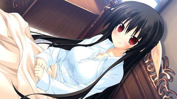 Anime picture 1280x720 with tiny dungeon (game) rosebleu vell sein long hair black hair red eyes wide image game cg girl shirt