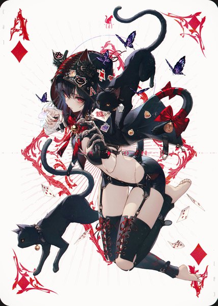 Anime picture 1069x1500 with original wanke single tall image blush fringe short hair breasts light erotic black hair simple background hair between eyes red eyes white background animal ears looking away cleavage full body bent knee (knees) tail