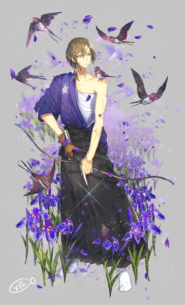 Anime picture 729x1200 with mystic messenger vanderwood yakusuke single long hair tall image brown hair standing bare shoulders holding yellow eyes looking away traditional clothes grey background sparkle orange eyes turning head animal on shoulder bird on shoulder boy