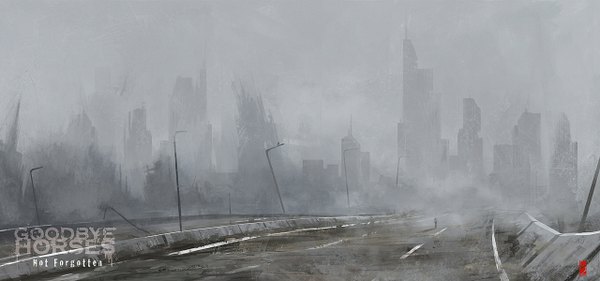 Anime picture 1280x600 with original crahzz wide image city monochrome smoke ruins fog cover post-apocalyptic building (buildings) lantern road lamppost