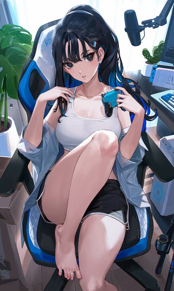 Anime picture 970x1620 with virtual youtuber imagreal romany.io ekao single long hair tall image looking at viewer blush fringe breasts light erotic black hair sitting holding bent knee (knees) ponytail indoors nail polish parted lips