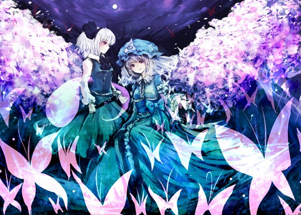 Anime picture 1050x750 with touhou konpaku youmu saigyouji yuyuko myon chagu looking at viewer short hair smile multiple girls pink hair silver hair profile pink eyes night cherry blossoms girl dress bow 2 girls hair bow