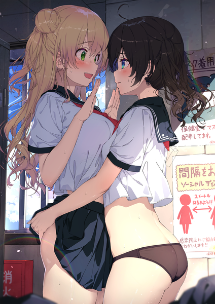 Anime picture 2481x3508 with virtual youtuber hololive momosuzu nene natsuiro matsuri sy4may0 long hair tall image blush fringe highres short hair breasts open mouth blue eyes light erotic black hair blonde hair smile hair between eyes standing