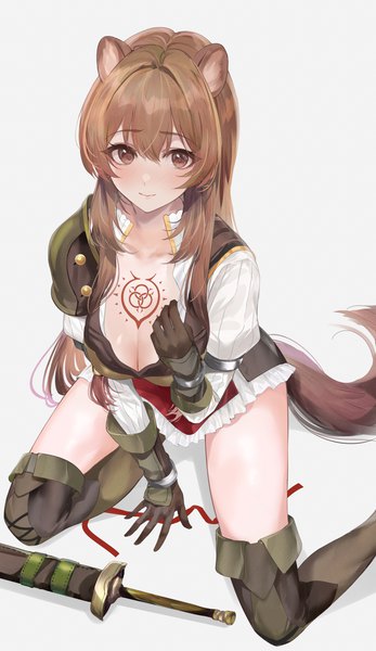Anime picture 1200x2075 with tate no yuusha no nariagari kinema citrus raphtalia mexif single long hair tall image looking at viewer blush fringe breasts light erotic simple background hair between eyes brown hair large breasts white background sitting brown eyes animal ears